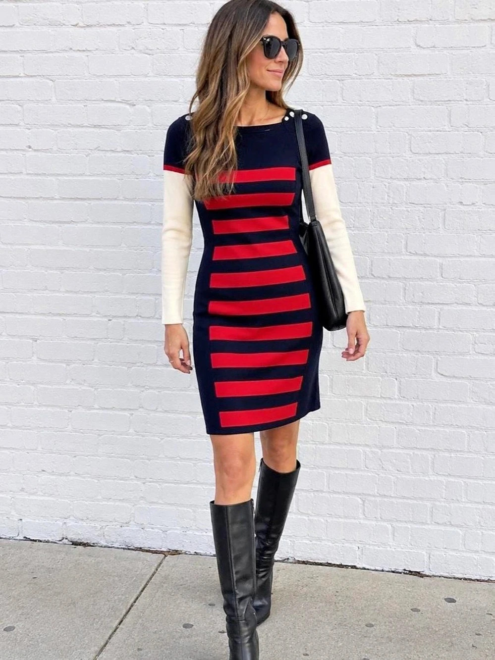 Karen Millen Striped Color Block Knit Dress Black & Red Size 2